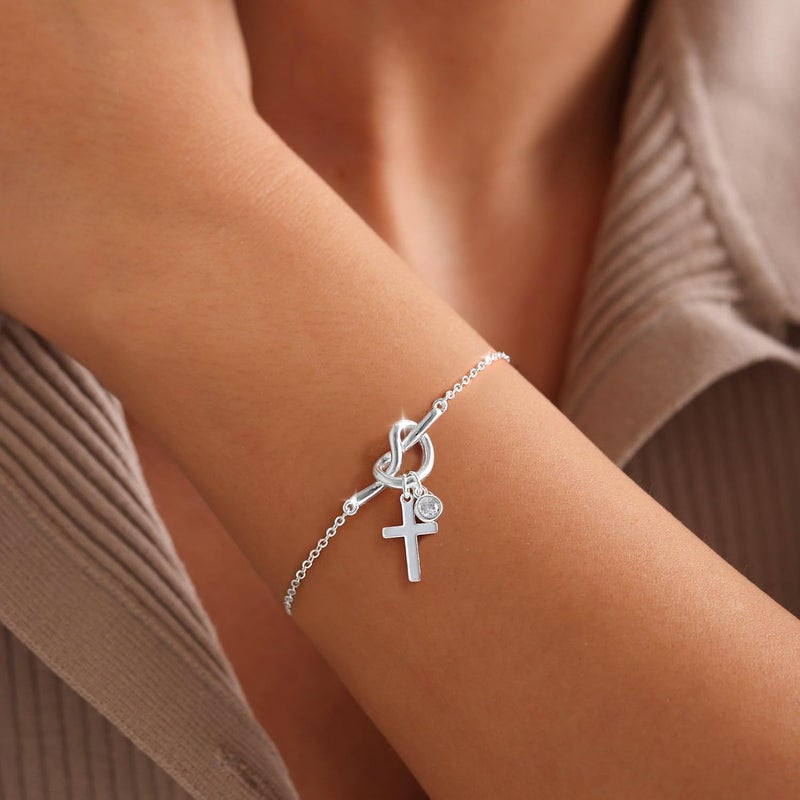Moodear Valentines Day Gifts for Her, Dainty 925 Sterling Silver/14k Gold Plated CZ Cross Bracelet Layered Snake Pearl Chain Knot Bracelets for Women Trendy Religious Christian Jewelry - Image 3